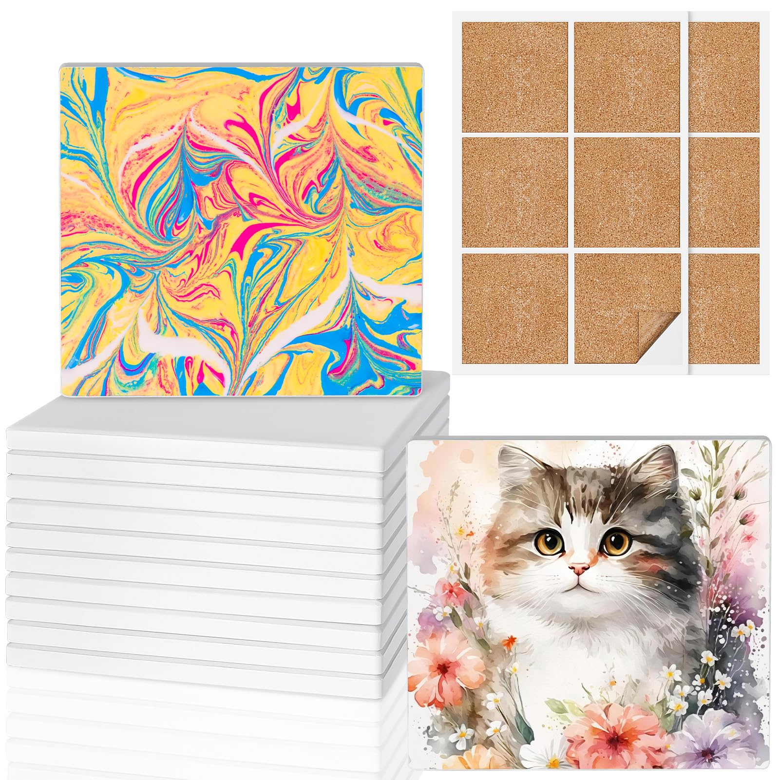 Ceramic Tiles for Crafts, GOH DODD 12 Pack Unglazed Blank Coasters White Tiles Pottery Painting Kit with 12 Cork Backings for Alcohol Ink, Painting, Acrylic Pouring, Art Projects, Square, 4 Inch