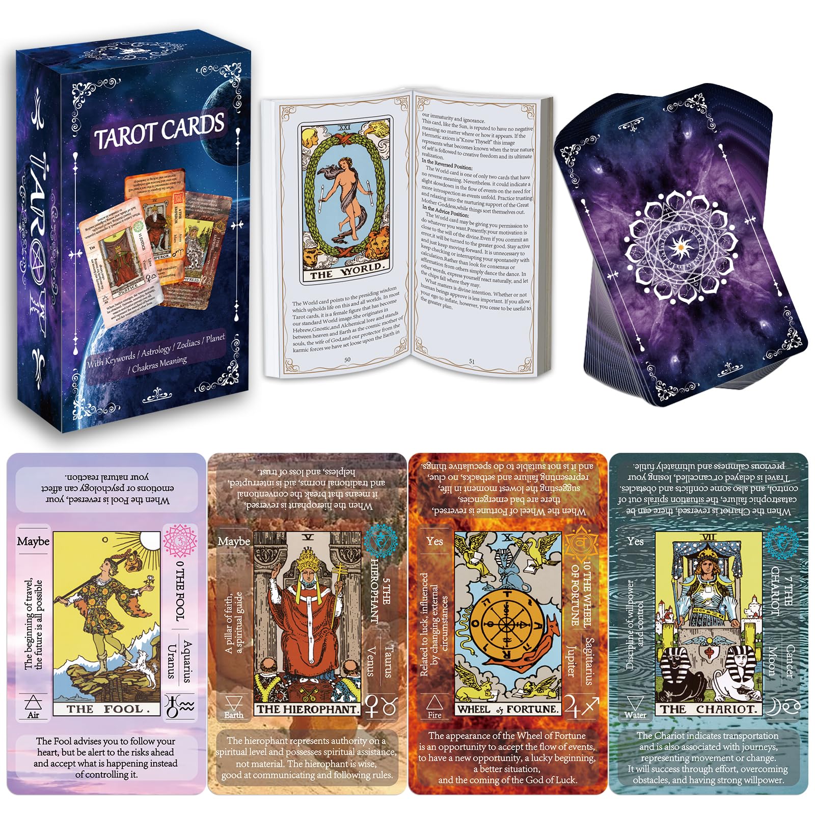 IXIGER Tarot Cards for Beginners with Meanings on Them,tarot cards and book set,Learning Tarot Deck Fortune Telling Game with Keywords, Chakra, Planet, Zodiac, Element, Yes/No, Affirmations.