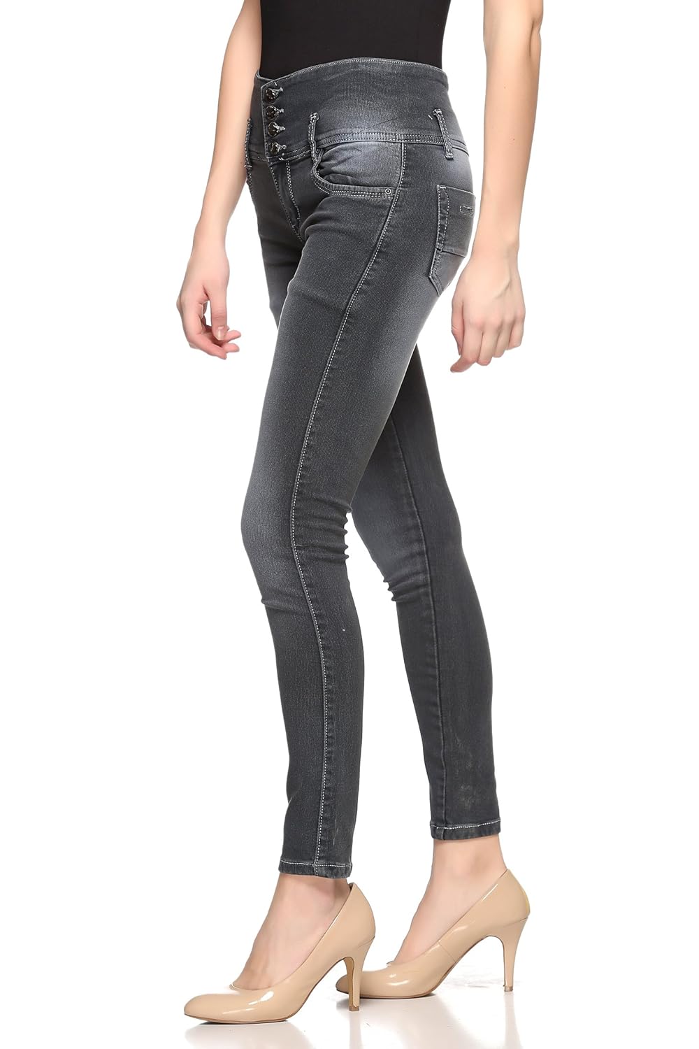 fasnoya women's mid waist 4-buttons skinny fit jeans (dark grey)