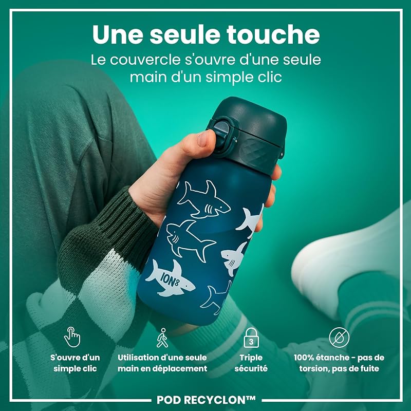 Gourde Enfant, 350 ml, Anti-Fuite, Facile à Ouvrir, Verrouillage Sécurisé, Lavable en Lave-Vaisselle, Sans BPA, Poignée de Transport, Facile à Nettoyer, Requin