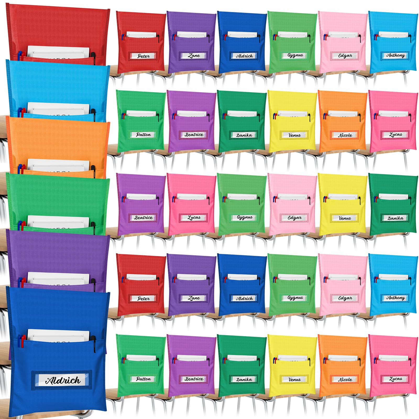 Photo 1 of Chapou Chair Pockets for Classroom Chairback Pocket Chart 14 x 18 Inch Desk Organizer Pocket Chair Bag for Seat School Classroom(Classic,Colorful,36 Pcs)