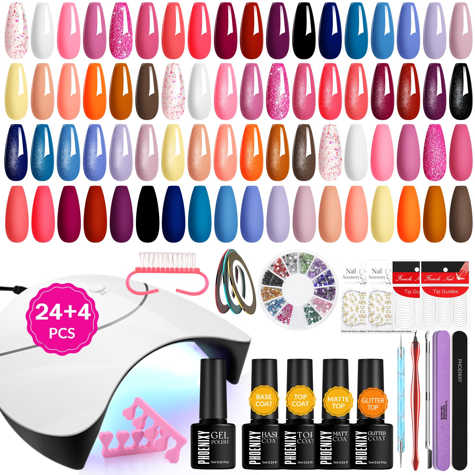 Phoenixy Gel Nail Kit, 24pc 72 Effects with 36W UV Nail Lamp, Glossy Matte Glitter Top Coat, Professional Salon Starter Kit