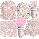 Xenorik Daisy 1st Birthday Decorations Party Tableware, Groovy Retro Floral Daisy First Birthday Party Supplies, Paper Plate, Napkin, Cup, Tablecloth, Disposable Cutlery | Serves 24