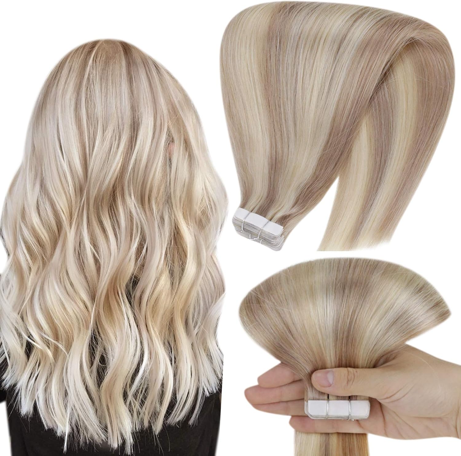 Hetto Tape Hair Extensions Real Human Hair 20 Inch Ash Blonde Mix