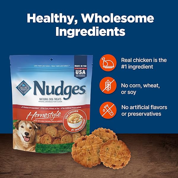BLUE BUFFALO NUDGES HOMESTYLE NATURAL DOG TREATS, MADE IN THE USA WITH REAL CHICKEN, PEAS, AND CARROTS, 16-OZ. BAG