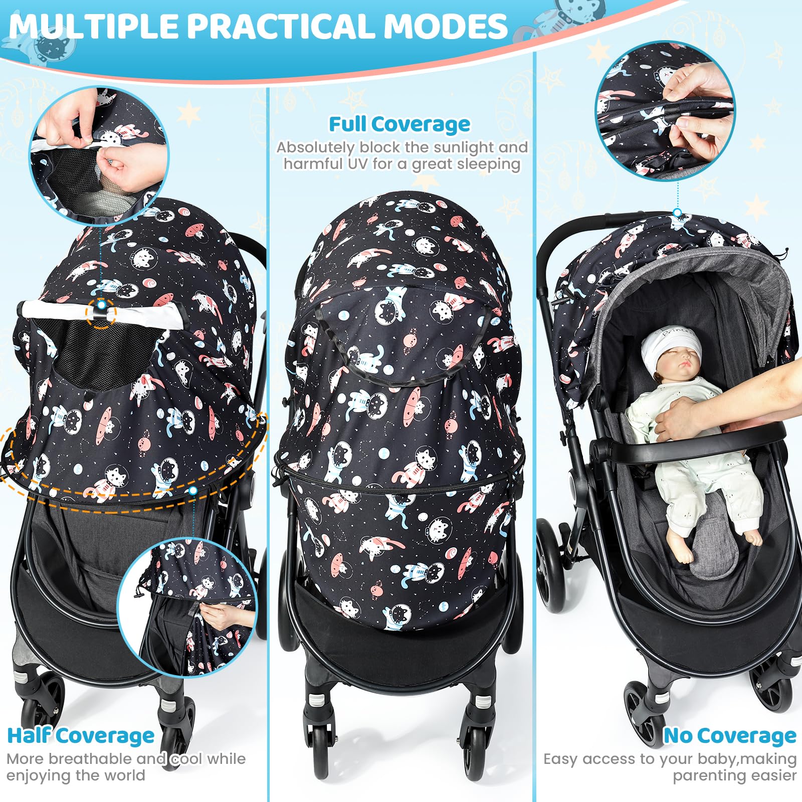 Orzbow Universal Sun Shade for Stroller, Detachable UPF 50+ Stroller Cover for Sun with See Through Mesh Window, Breathable Sunshade Cover - Stroller Canopy Extender, Baby UV Sun Protection, Cute Cat