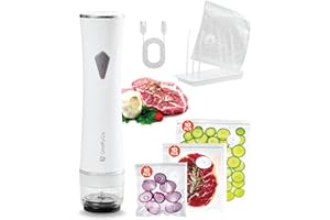 Giraffy Co. Vacuum Sealer Machine with Visible Water Tank, 10 Reusable Bags (S, M, L - 10 Each), Foldable Drying Rack, and Ch