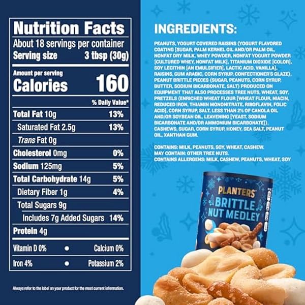 PLANTERS HOLIDAY BRITTLE NUT MEDLEY TRAIL MIX SNACK WITH HONEY PEANUTS, YOGURT RAISINS, PEANUT BRITTLE, PRETZELS & CASHEWS, HOLIDAY SNACK, PARTY NUT MIX, 1 LB. CANISTER