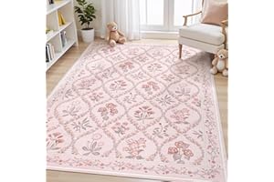 Dadasgk 5x7 Nursery Rug for Baby Girl, Blush Pink Boho Cute Floral Rug for Bedroom Girls, Washable Large Soft Non-Slip Low-Pi