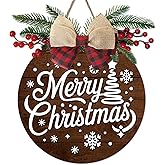 Bolisom Merry Christmas Tree Front Door Sign, Xmas Snowflake Brown Wood Hanger Outdoor Outside Porch Home Decor, Farmhouse Winter Holiday Wooden Wreath with Plaid Bow Indoor Wall Hanging Decoration