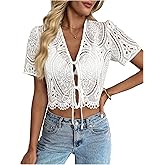 GORGLITTER Women's Floral Tie Front Short Sleeve Blouse Tops Dressy Casual Boho V Neck Eyelet Western Summer Crop Tops
