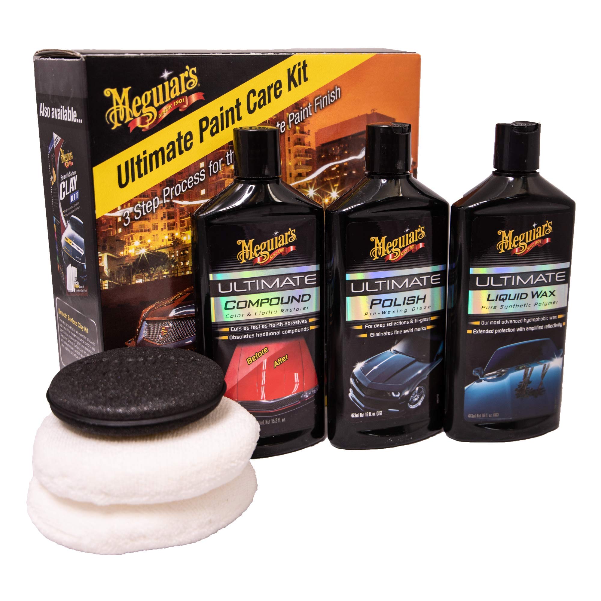 Meguiar's Ultimate Paint Care Kit for Cars in 3 Steps - Includes Compound, Polish & Liquid Wax with Applicators & Supreme Shine Microfiber Towel
