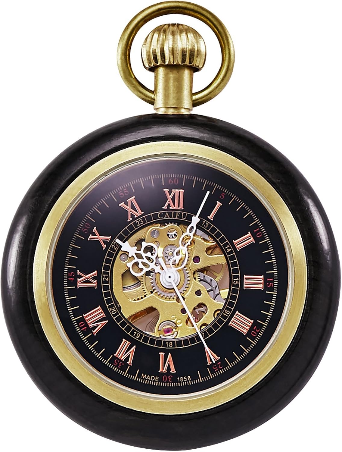 TREEWETO Black Wooden Mechanical Roman Numerals Pocket Watch Open Face Fob Watch for Men Women