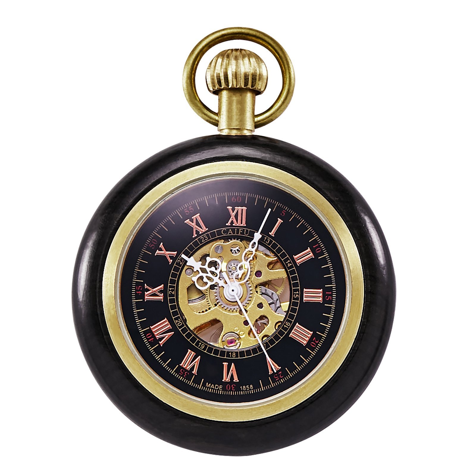 TREEWETO Black Wooden Mechanical Roman Numerals Pocket Watch Open Face Fob Watch for Men Women
