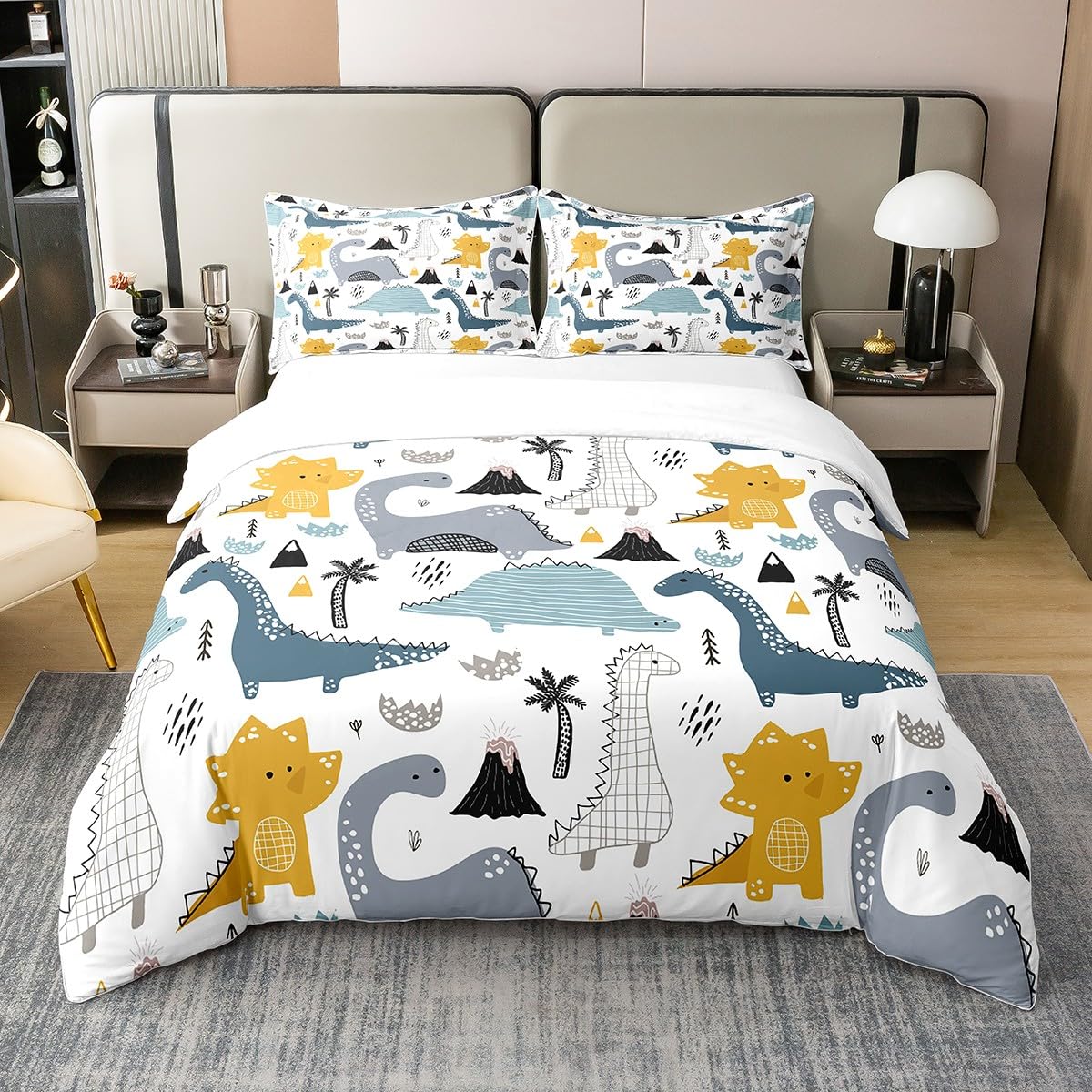 Loussiesd Dinosaur 100% Cotton Duvet Cover King Size 3D Digital Print Cotton Jungle Dino Decor Bedding Set Wild Animal Wildlife Blue White
