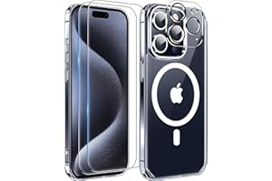 MOZOTER 6-in-1 Magnetic for iPhone 15 Pro Case Clear,[Compatible with Magsafe] [Anti Yellowing] [Screen Protectors+Camera Lens Protectors] Slim Thin Shockproof Phone Case for 15 Pro 6.1 inch
