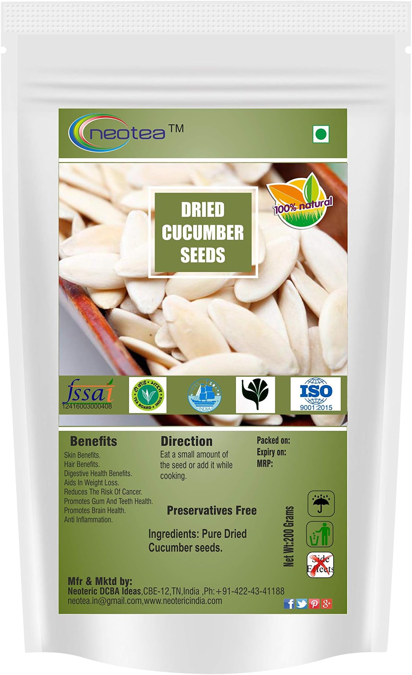 Neotea Dried Organic Cucumber Seeds, Kakdi Magaz, 200G