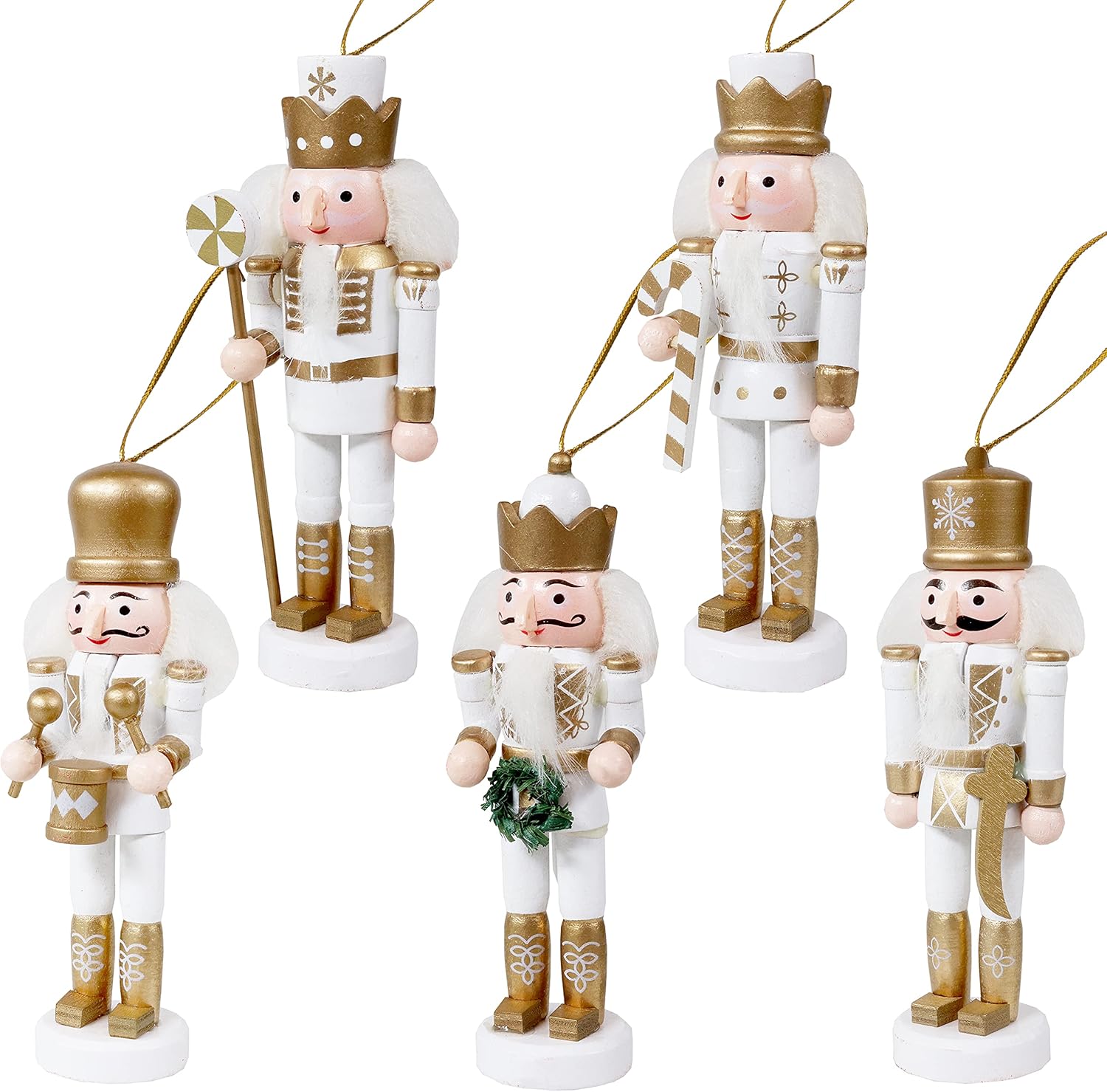Nutcrackers - Sunnydaze 5-Piece Vintage Style 5-Inch Wooden Nutcracker Ornament Set for Christmas Tree - White and Gold