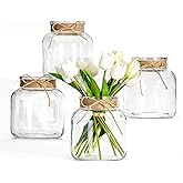 Houmury Glass Vases for Centerpieces Set of 4 Farmhouse 6 Inch Clear Large Vase Utensils Holder with Twine Ties Home Decor for Wedding Living Room Dining Table Office (4)
