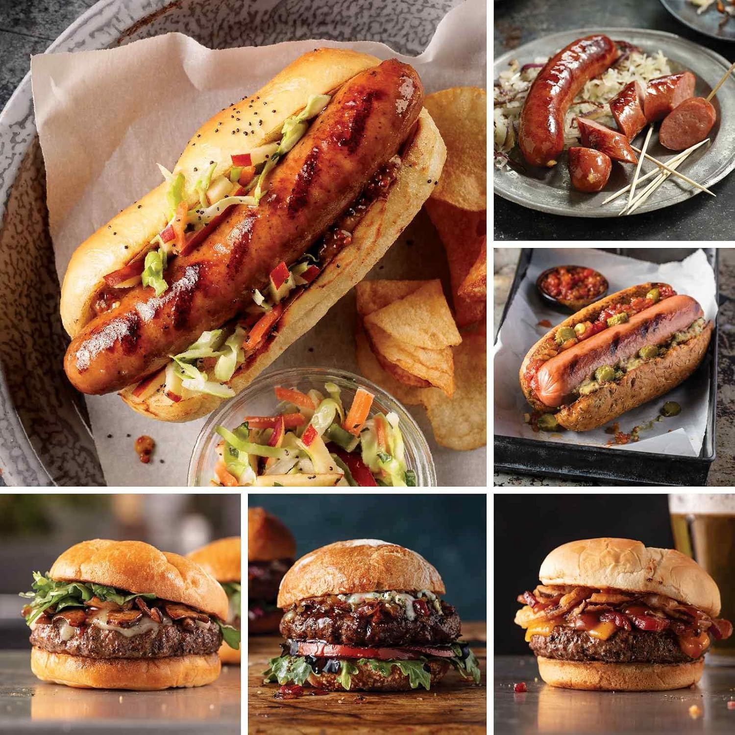 Burgers & Sausage Sampler from Omaha Steaks (Apple & Gouda Chicken Sausages, Delmonico Burgers, Omaha Steaks Burgers, Brisket Burgers, Gourmet Jumbo Franks, and Kielbasa Sausages)