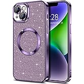 Hython for iPhone 14 Plus Case Glitter, Clear Magnetic Phone Cases with Camera Lens Protector [Compatible with MagSafe] Bling Sparkle Plating Soft TPU Shockproof Protective Cover Women Girls-Purple