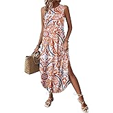 Zeagoo Women Floral Summer Casual Beach Printed Tank Dress with Pockets Pleated Front Long Dress