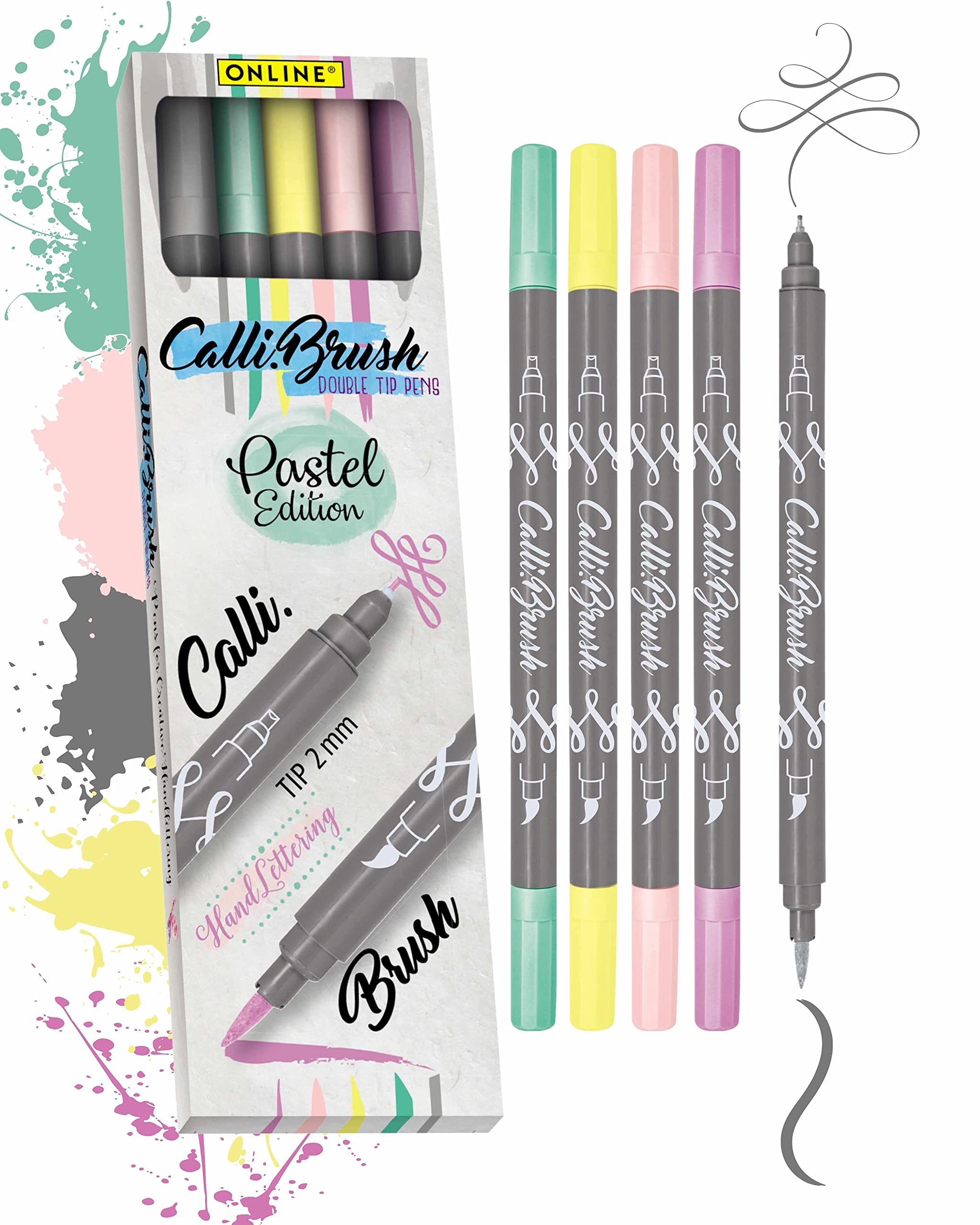 Online Calli.Brush Handlettering Brush-Pens Pastel | Set of 5 brush pens | Calligraphy Set for Bullet Journal, Hand Lettering | Calligraphy tip & brush tip | Water colours | Aquarell pens