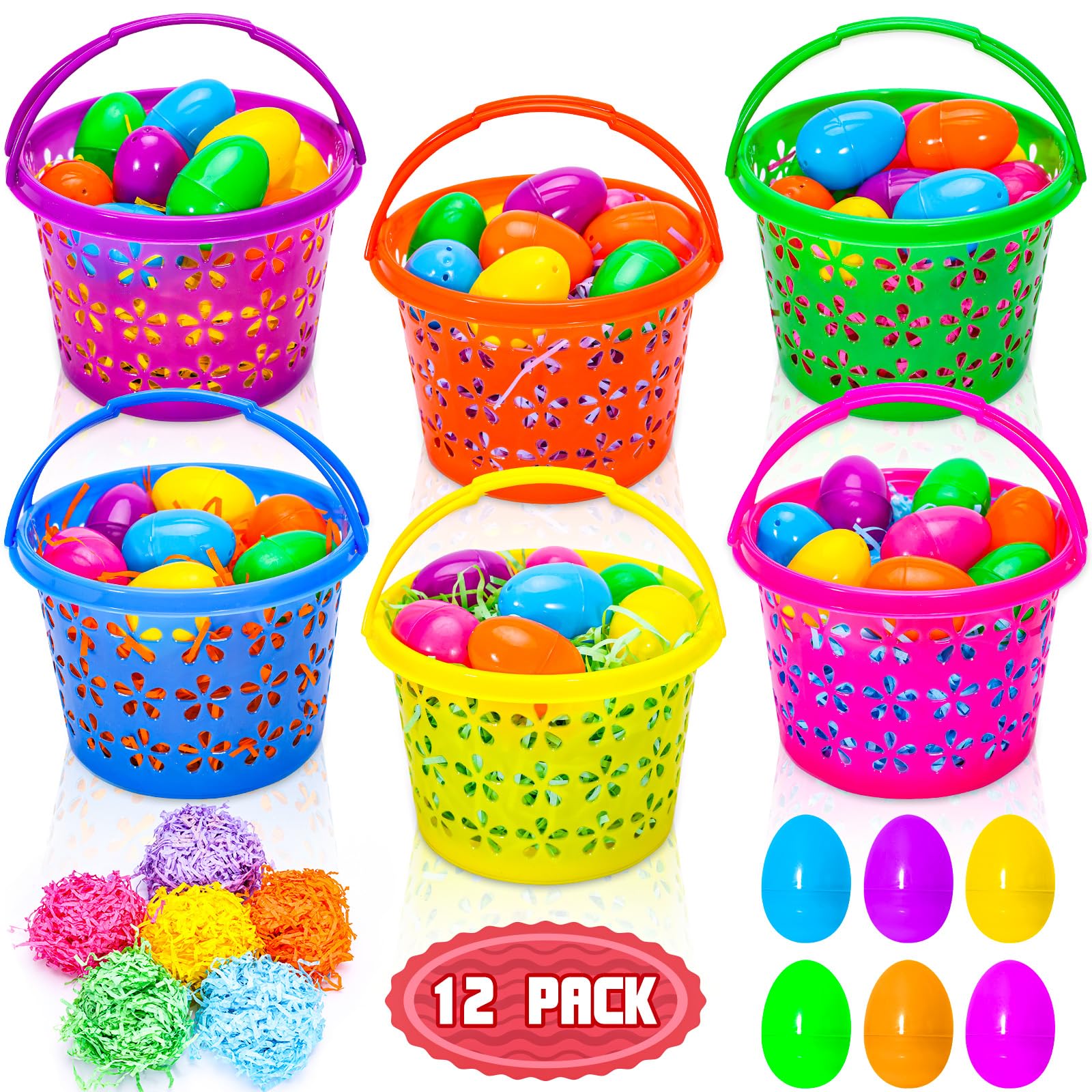 Photo 1 of 12 Pieces Easter Baskets with Handle for kids - Plastic Easter Egg Hunts Bucket with 36Pcs Empty Eggs and 60g 6 colors Grass for Pascua Party Favor Garden Basket Filler Stuffer Decorations