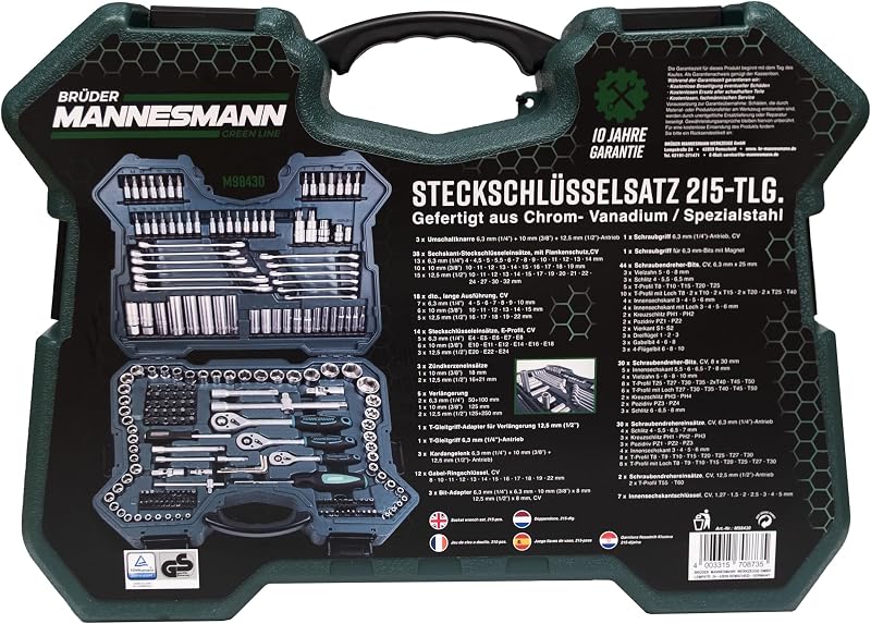 Mannesmann M98430 - Caixa com chaves de encaixe e outras ferramentas (215 peças, tamanho: 12x36x51 cm), Cor Verde Mannesmann