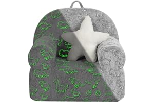 MOMCAYWEX Dinosaur Glow in The Dark Kids Sofa with Star Throw Pillow, High Back Toddler Chair Glow in The Dark for Boys and Girls, Grey
