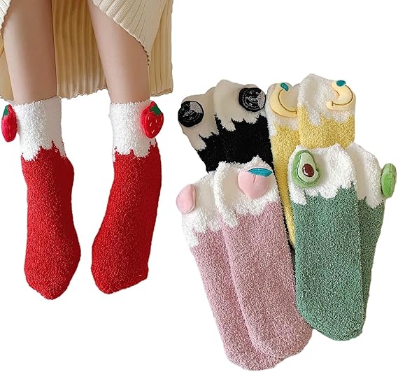 Amazon 靴下 レディース ルームソックス もこもこソックス ふわふわ かわいい 厚手 あったか保温 防寒 もこもこソックス 果物 フルーツ 秋冬 5足セット ソックス 通販