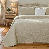 Brandream Beige Quilts Queen Size Cotton Vintage Farmhouse Damask Matelasse Coverlet Set 3-Piece