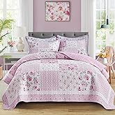 Patchwork Quilt Set Queen Size,3 Pieces Pink White Green Floral Plaid Reversible American Country Bedspread Coverlet Set for All Season,Summer Soft Colorful Flowers Botanical Microfiber Bedding Set