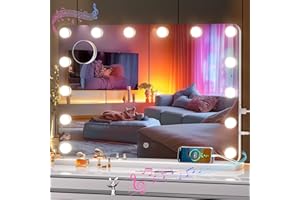 OUBOYO 28''X20'' Vanity Mirror With Bluetooth Speaker, Hollywood Lighted Makeup Mirror with 14 Dimmable LED Bulbs, 3 Color Lighting Modes & Stepless Dimming, 5X Magnification, Tempered Glass, USB & Type-C