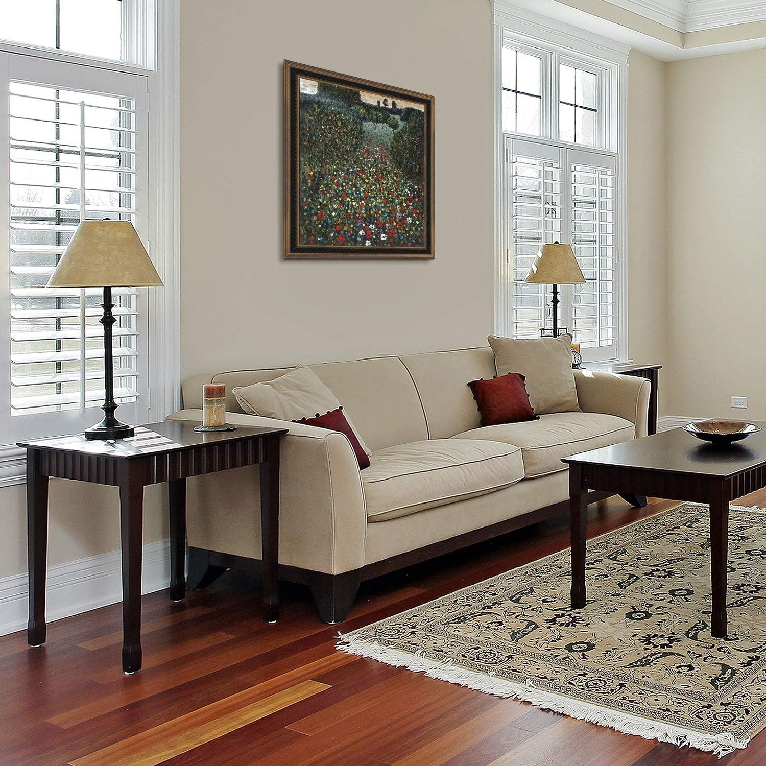 overstockArt KL2478-FR-M8058820X24 Klimt Field of Poppies with Cottage Oak Frame, Diamond Patterned with Bronze and Dark Stain Finish