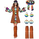 SATINIOR Halloween Hippie Costume Set Women 60s 70s Disco Outfits Party Dress Accessories for Adult