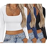 Ekouaer Womens 3 Pack Long Sleeve Crop Tops Square Neck Ribbed Slim Fitted Base Layer Basic Shirt Thermal Undershirts XS-XXL Black/White/Navy XL