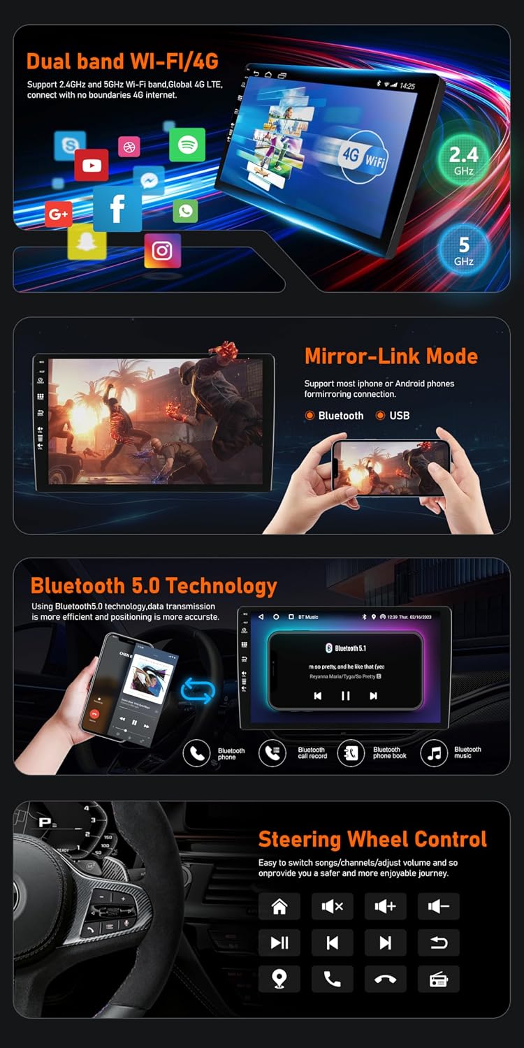 Car radio screen showing Apple CarPlay and Android Auto interfaces with connected smartphones.