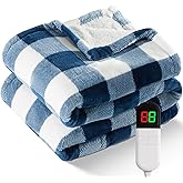 Electric Heated Sherpa Buffalo Plaid Christmas Throw Blanket with 8 Heating Levels & 8 Hours Auto Off, Fast Heating Warm Plush Washable Blanket with Over-Heat Protection, ETL Certification, Blue