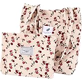 Framendino, 2 Pack Floral Corduroy Tote Bag with Makeup Small Reusable Grocery for Women