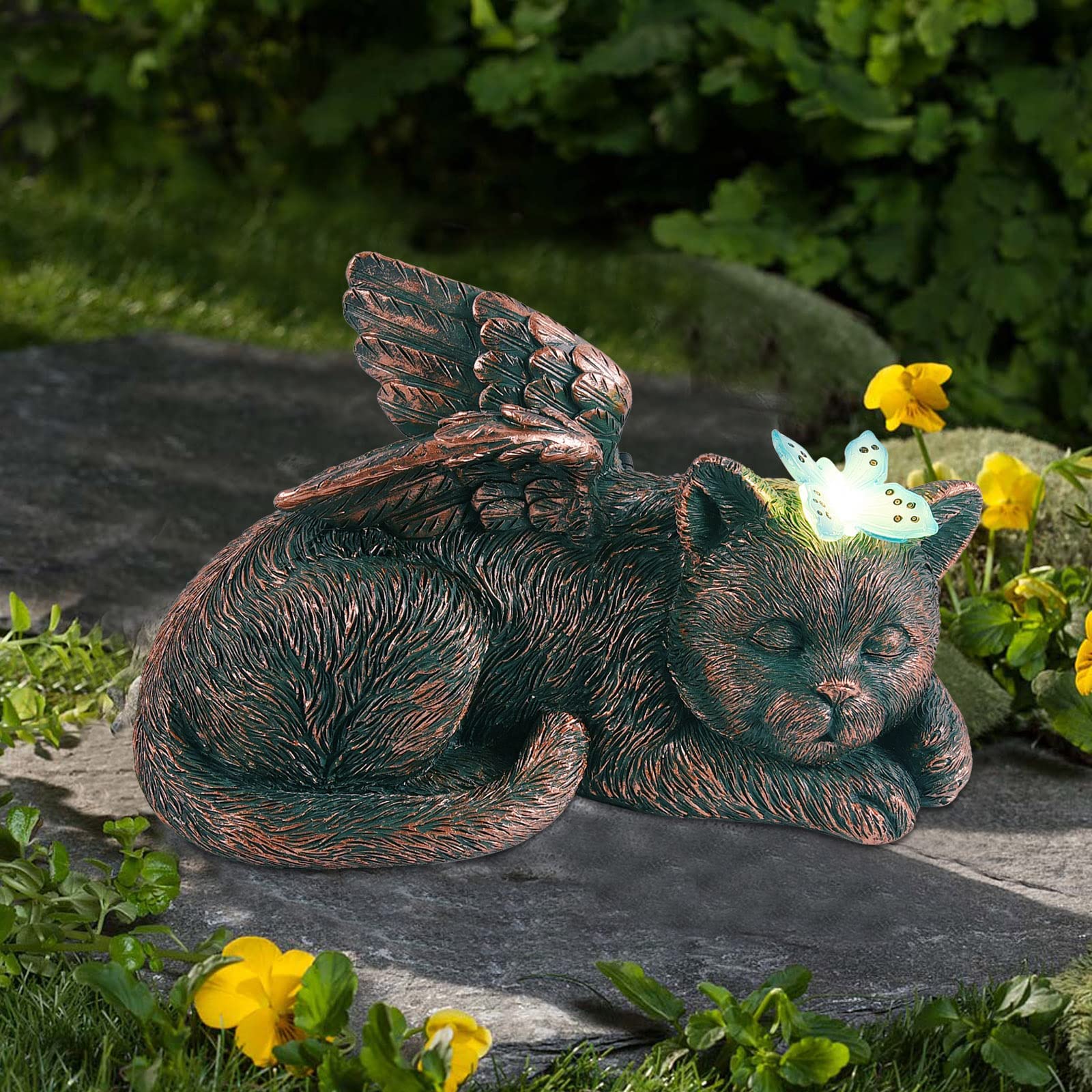 Goodeo Cat Angel with Glowing Butterfly Memorial Pet Statue Garden Decor,Sleeping Cat Solar Light Outdoor Ornament Pet Grave Marker Tribute Statue Cat Memorial Gifts for Home,Patio,Yard Decor, Copper