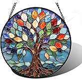 DASTOLL Stained Glass Window Hanging, Colorful Tree of Life Sun Catchers Glass Panel Blue Suncatcher Decor for Birthday for Women, Men, Wife, Aunt, and Mom 6.3 in