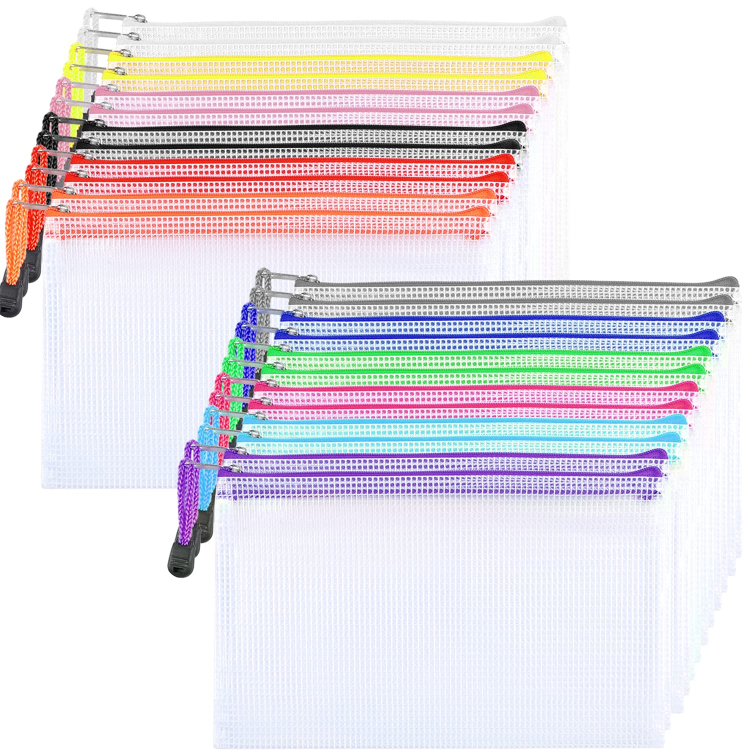 24PCS A6 Plastic Wallet Clear Pencil Case Mesh Document Bag Zip Lock Bags Storage Pouch for School, Bills, Cosmetics, Travel (12 Colours)
