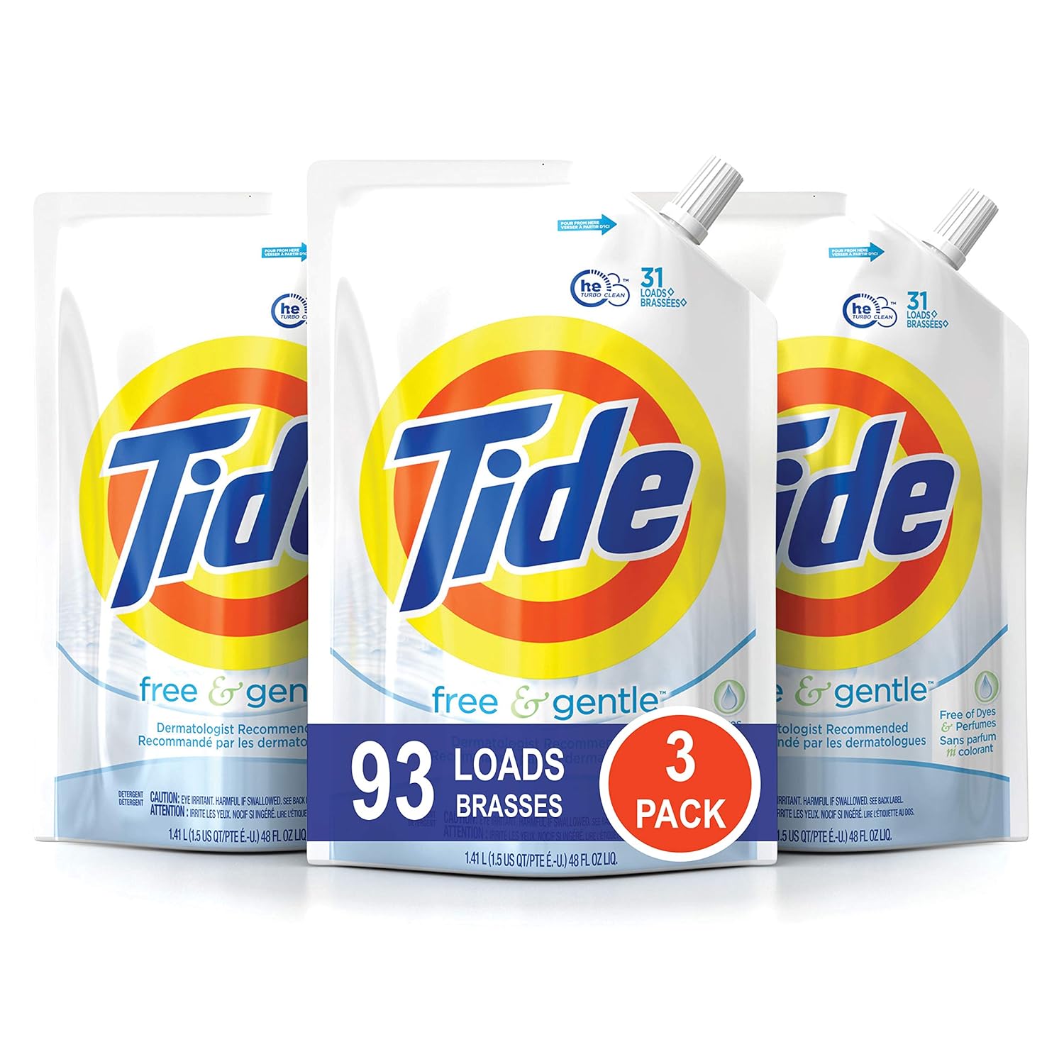Tide Free and Gentle HE Laundry Detergent, 3 Pack of 48 oz. Pouches