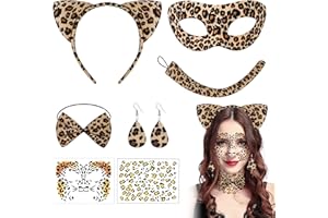 PYSEOSISE 7 Pcs Leopard Costume Set, Cheetah Ears Headband with Tail Bow Tie Mask Earring Leopard Temporary Tattoo for Women