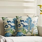 BLESFEST Pack of 2, Chinoiserie Pillow Cover 20 x 20 Inch Asian Scenic Blue and Green Throw Pillow Covers Linen Farmhouse Tree Leaves Pillow Case Cushion Covers for Sofa Couch Living Room