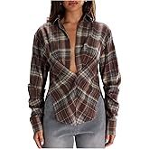 GORGLITTER Women's Plaid Cinched Waist Tops Collared Long Sleeve Shirt Fitted Checkered V Neck Causal Work Blouses