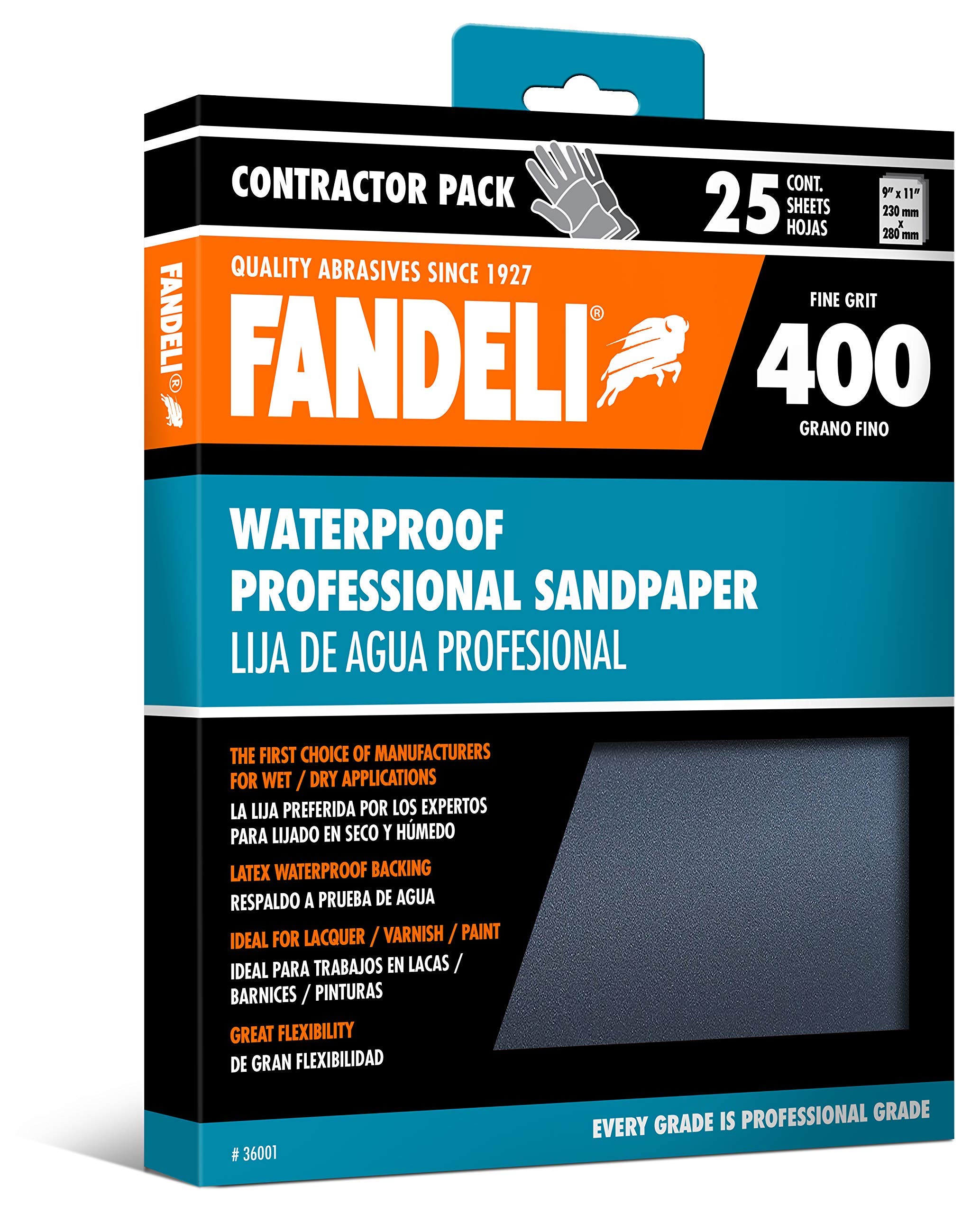 Fandeli 36001 400 Grit Waterproof Sandpaper Sheets, 9" x 11", 25-Sheet