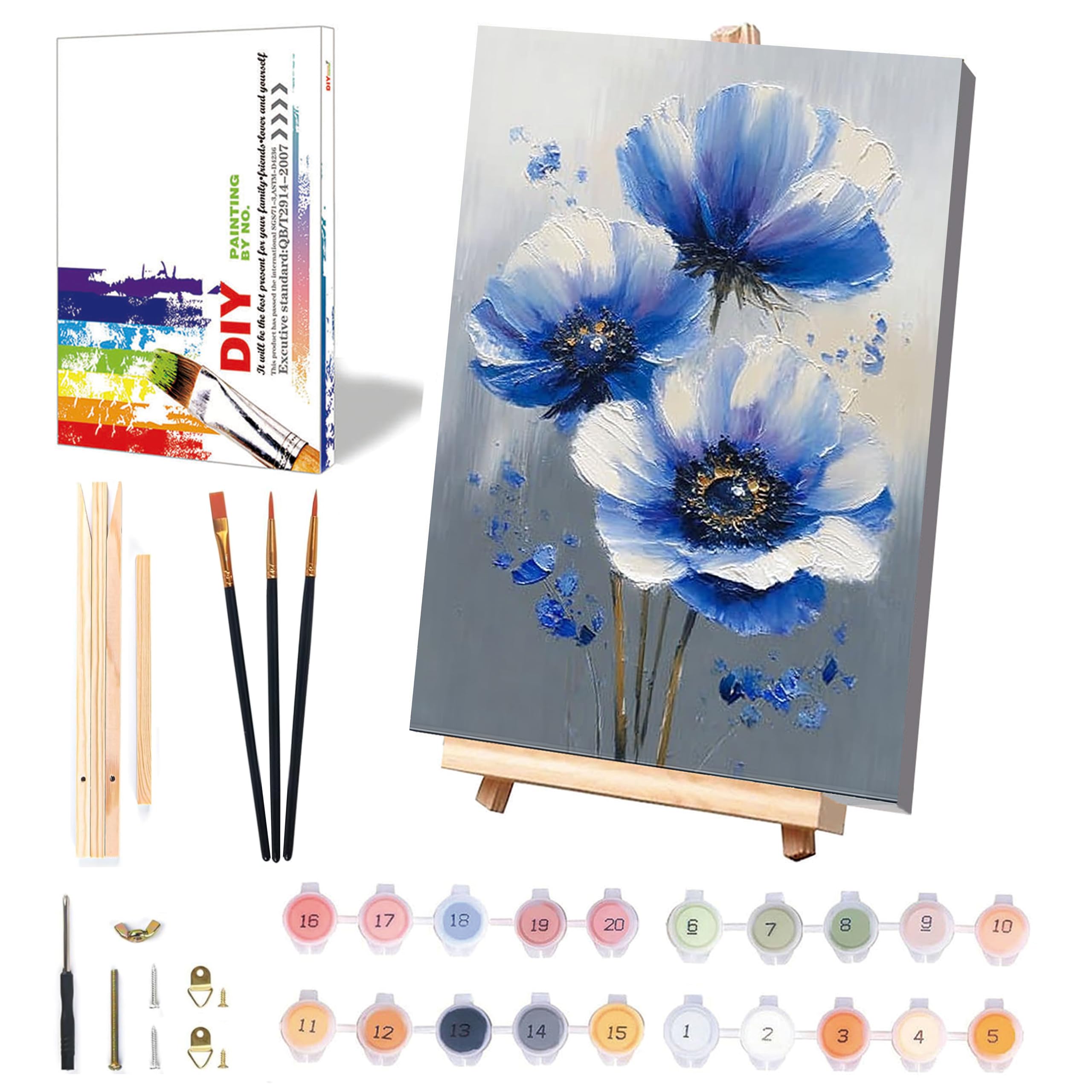 Easy Flower Paint by Numbers for Adults with Framed Canvas & Wooden Easel, Flowers Adult Painting by Number Kit on Canvas, DIY Acrylic Oil Painting Kit with Brushes for Home Wall Decor 8x12 inch