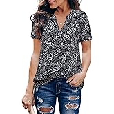 Timeson Women's V Neck Short Sleeve Curved Hem Sheer Chiffon Blouse Shirts Tops